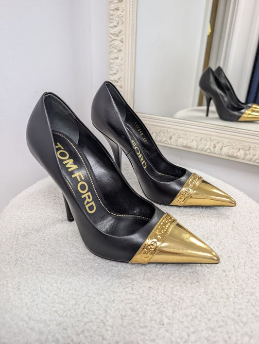 Tom Ford Gold Plate Point Stiletto High Heels. Size 37.