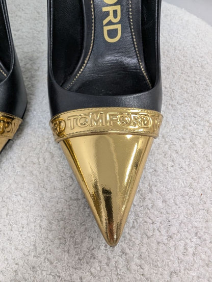 Tom Ford Gold Plate Point Stiletto High Heels. Size 37.