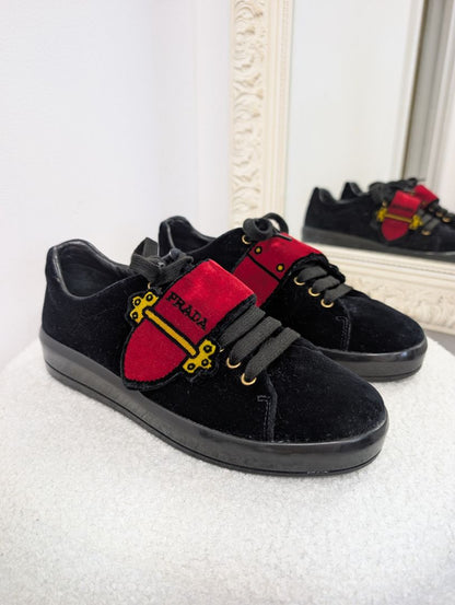 Prada Black Velvet Grip-Strap Logo Printed Sneakers. Size 38.5.