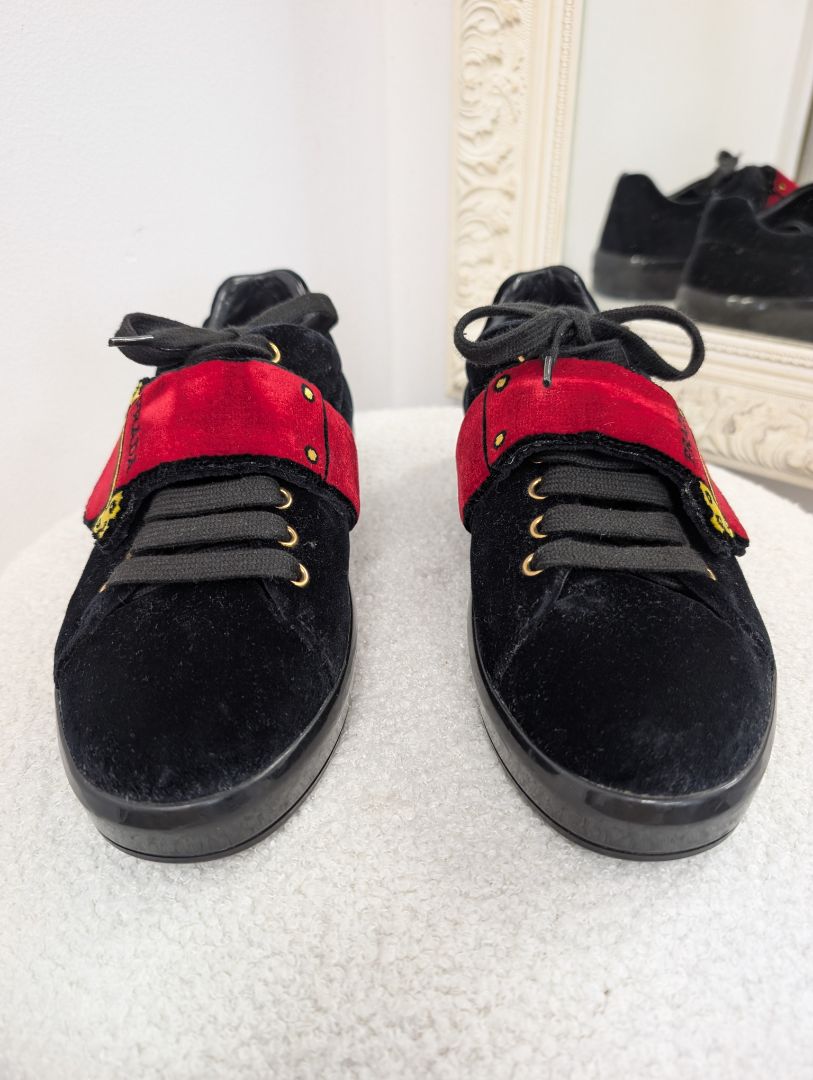 Prada Black Velvet Grip-Strap Logo Printed Sneakers. Size 38.5.