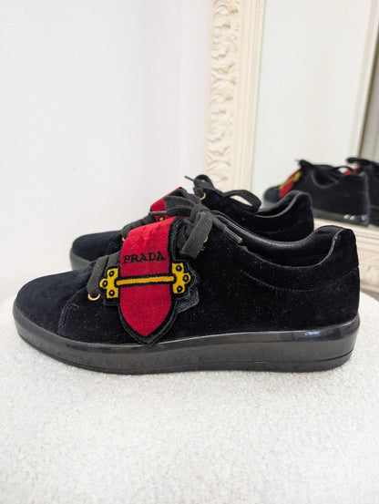 Prada Black Velvet Grip-Strap Logo Printed Sneakers. Size 38.5.