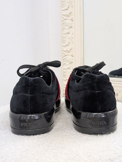 Prada Black Velvet Grip-Strap Logo Printed Sneakers. Size 38.5.