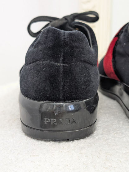 Prada Black Velvet Grip-Strap Logo Printed Sneakers. Size 38.5.