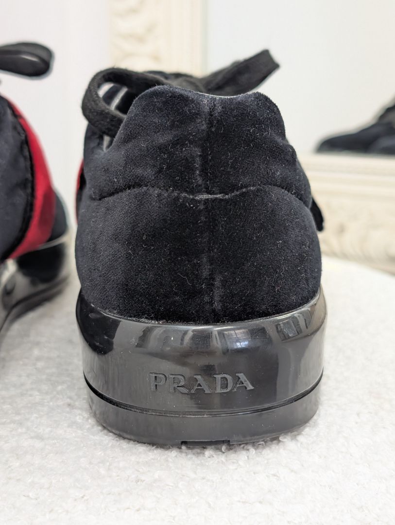 Prada Black Velvet Grip-Strap Logo Printed Sneakers. Size 38.5.