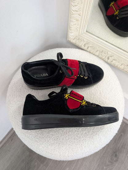 Prada Black Velvet Grip-Strap Logo Printed Sneakers. Size 38.5.