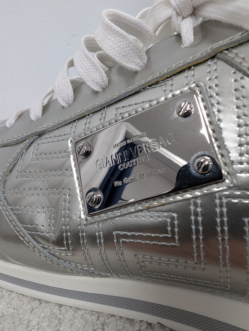 Versace Metallic Silver Leather Sneakers. Size 40.