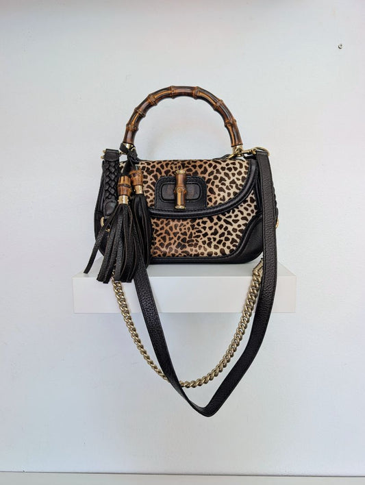 Gucci Leopard/Cheetah Calf Hair Bamboo Top Handle Bag