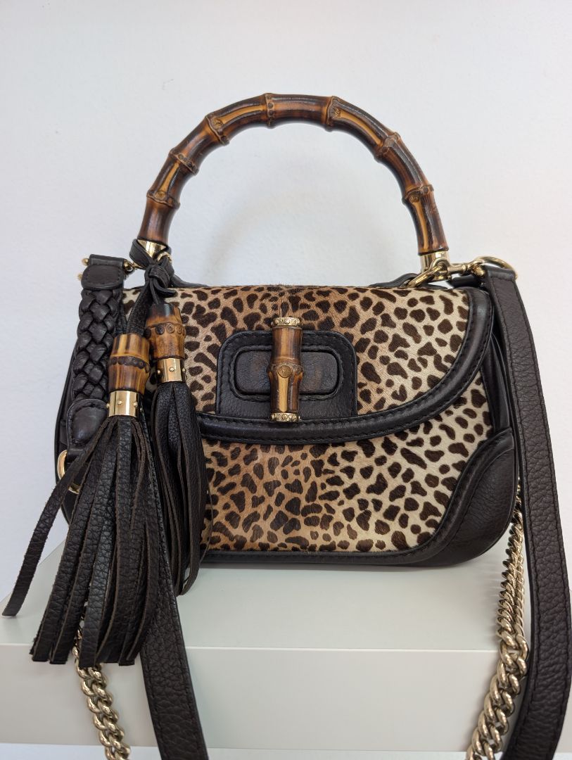 Gucci Leopard/Cheetah Calf Hair Bamboo Top Handle Bag