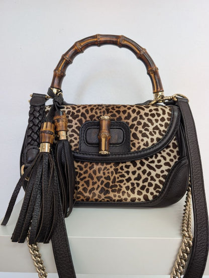 Gucci Leopard/Cheetah Calf Hair Bamboo Top Handle Bag