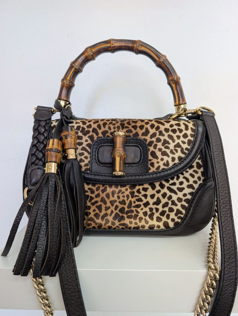 Gucci Leopard/Cheetah Calf Hair Bamboo Top Handle Bag