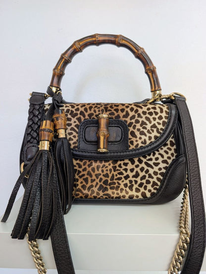 Gucci Leopard/Cheetah Calf Hair Bamboo Top Handle Bag