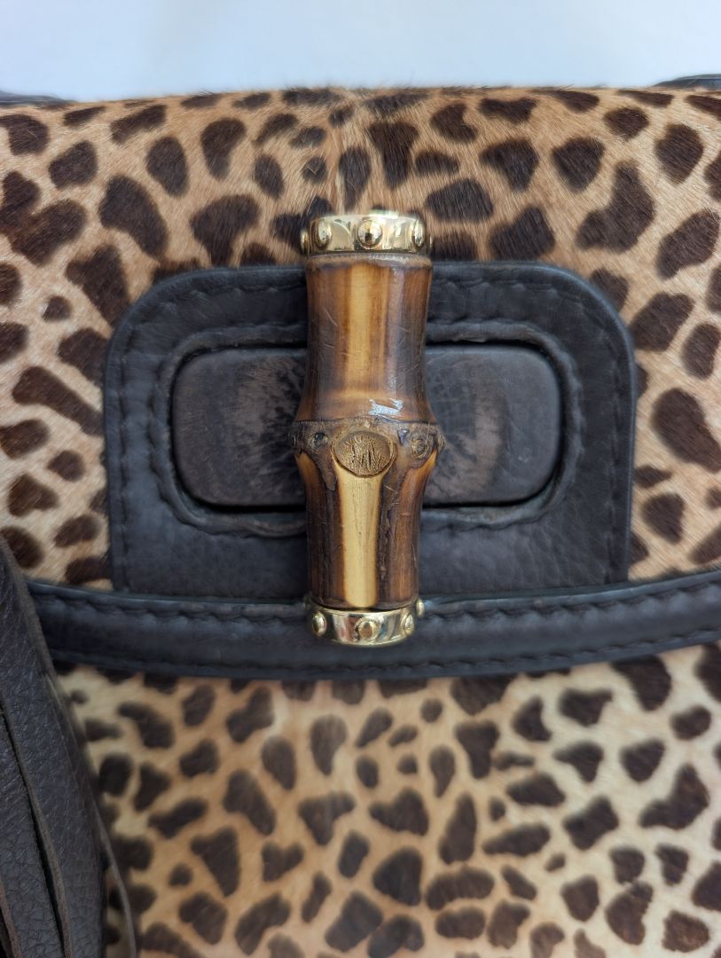 Gucci Leopard/Cheetah Calf Hair Bamboo Top Handle Bag