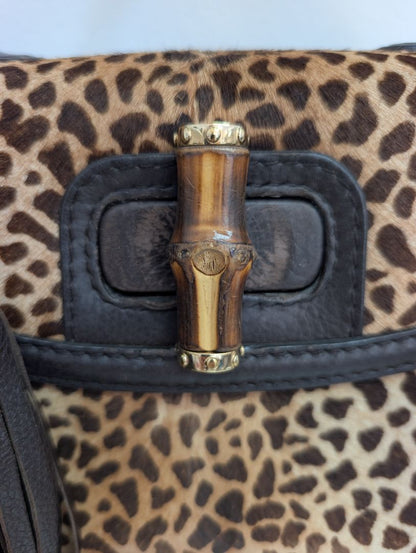 Gucci Leopard/Cheetah Calf Hair Bamboo Top Handle Bag