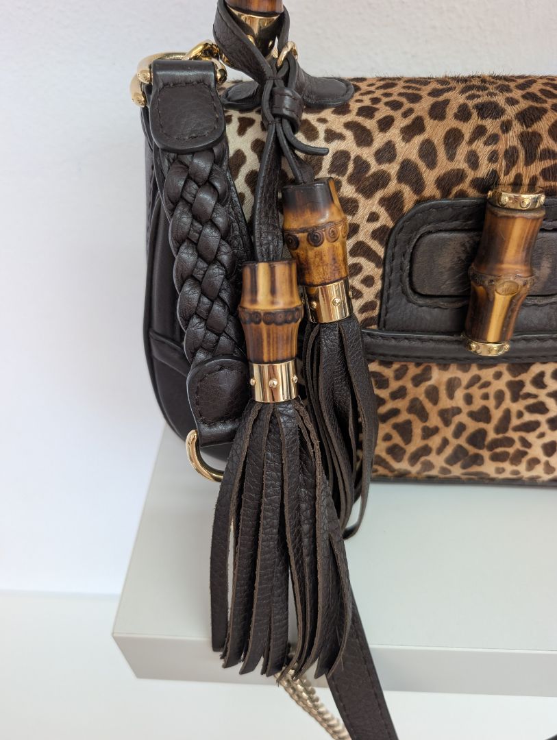 Gucci Leopard/Cheetah Calf Hair Bamboo Top Handle Bag