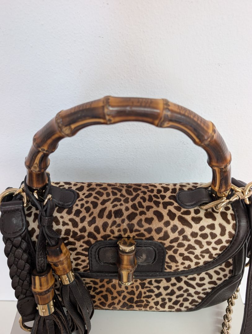 Gucci Leopard/Cheetah Calf Hair Bamboo Top Handle Bag