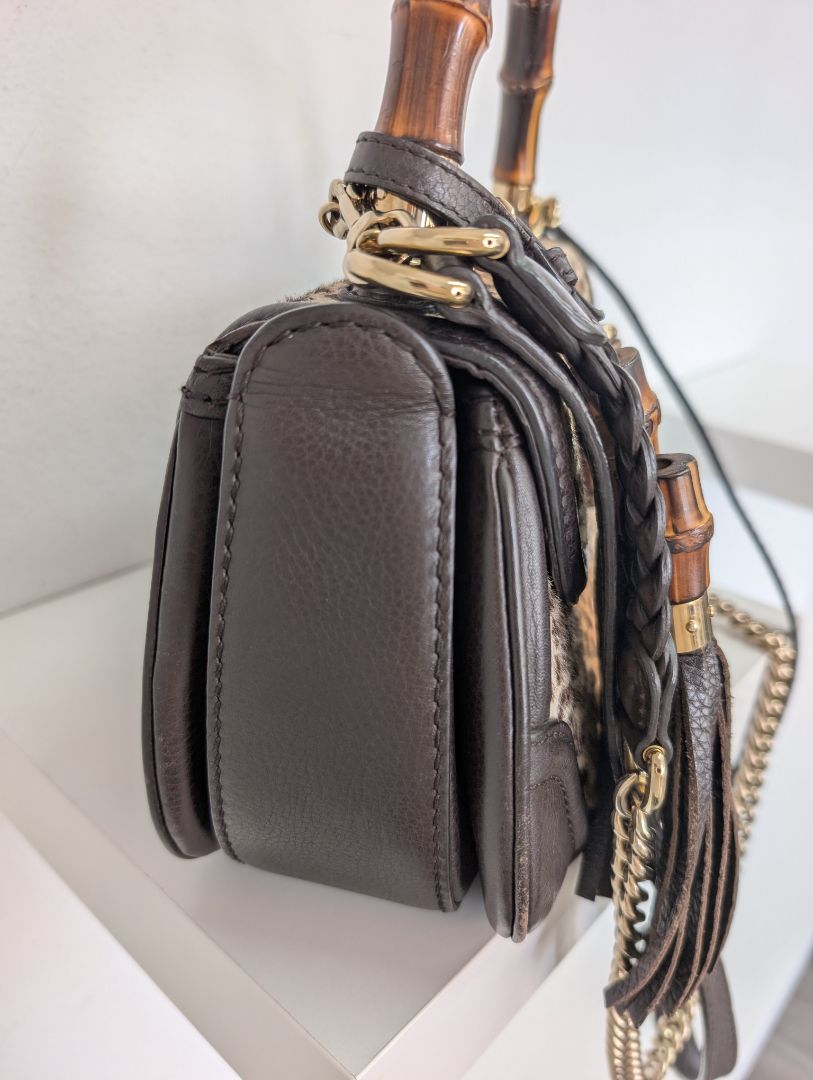 Gucci Leopard/Cheetah Calf Hair Bamboo Top Handle Bag