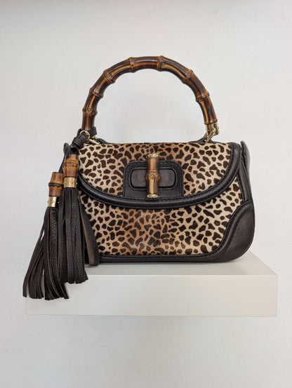 Gucci Leopard/Cheetah Calf Hair Bamboo Top Handle Bag