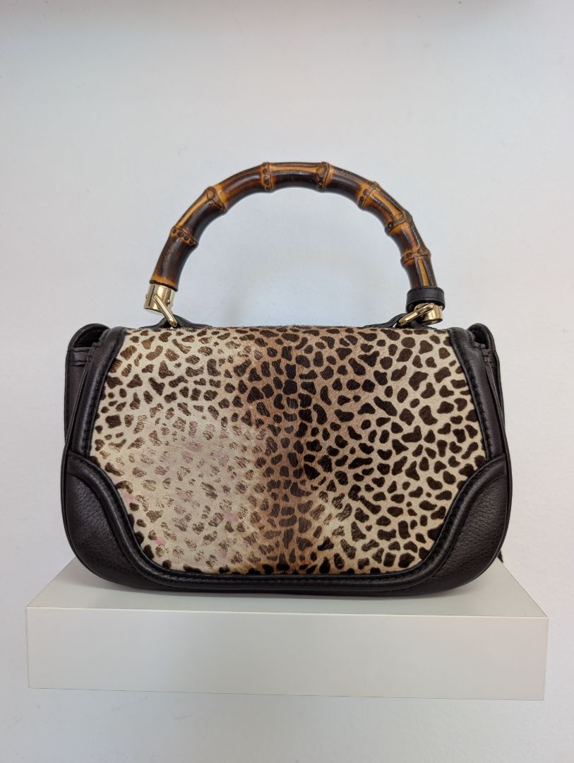 Gucci Leopard/Cheetah Calf Hair Bamboo Top Handle Bag