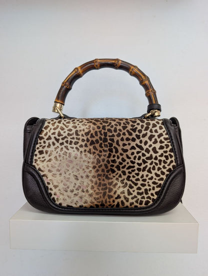 Gucci Leopard/Cheetah Calf Hair Bamboo Top Handle Bag