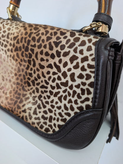 Gucci Leopard/Cheetah Calf Hair Bamboo Top Handle Bag