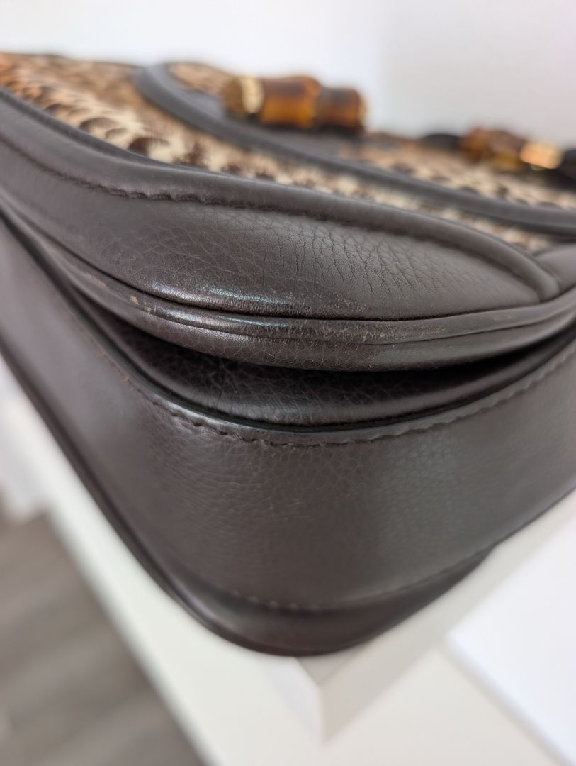Gucci Leopard/Cheetah Calf Hair Bamboo Top Handle Bag