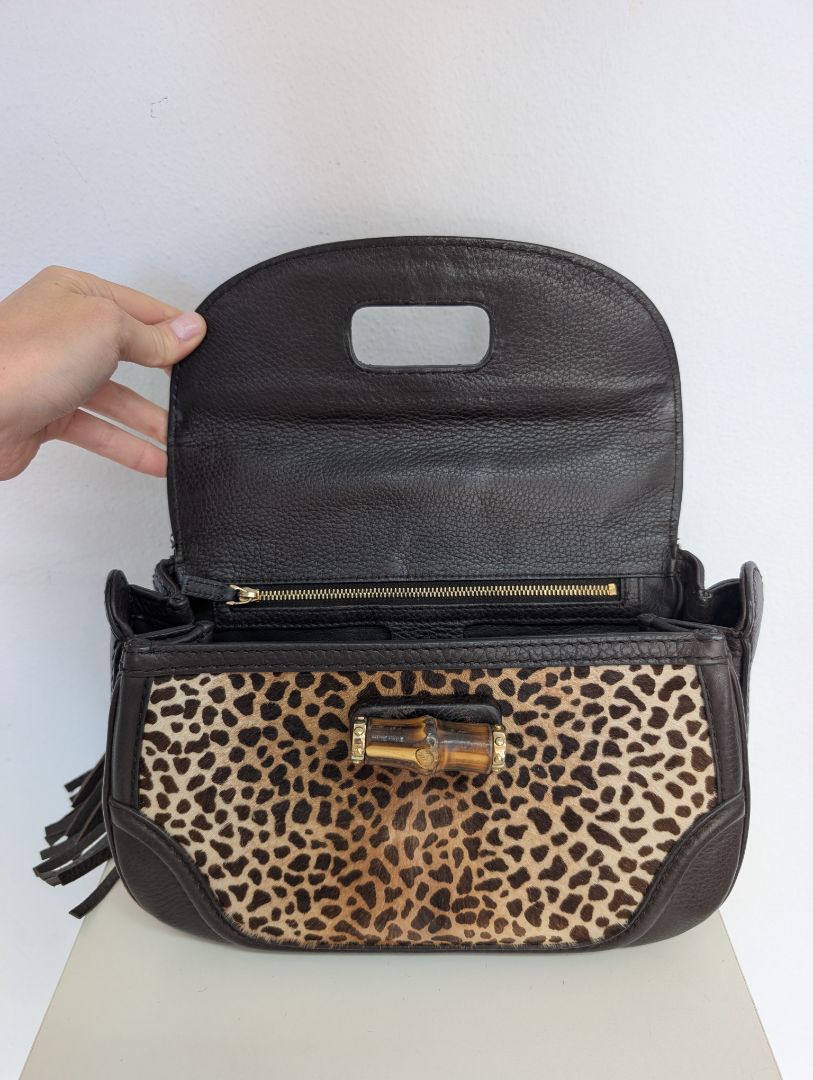 Gucci Leopard/Cheetah Calf Hair Bamboo Top Handle Bag