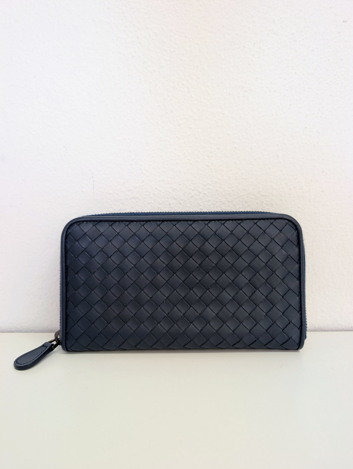Bottega Veneta Nappa Intrecciato Zip Around Wallet Pacific Navy