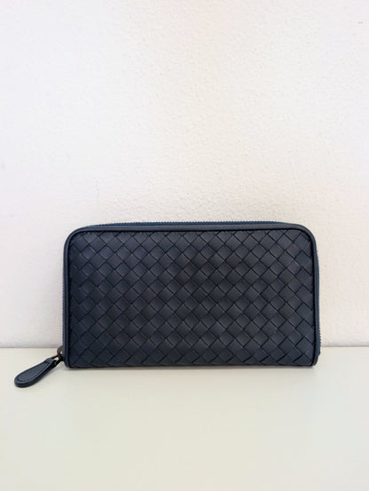 Bottega Veneta Nappa Intrecciato Zip Around Wallet Pacific Navy