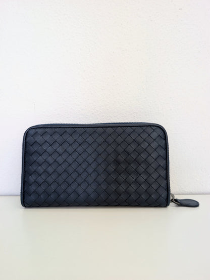 Bottega Veneta Nappa Intrecciato Zip Around Wallet Pacific Navy