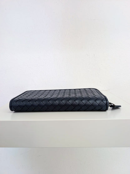 Bottega Veneta Nappa Intrecciato Zip Around Wallet Pacific Navy