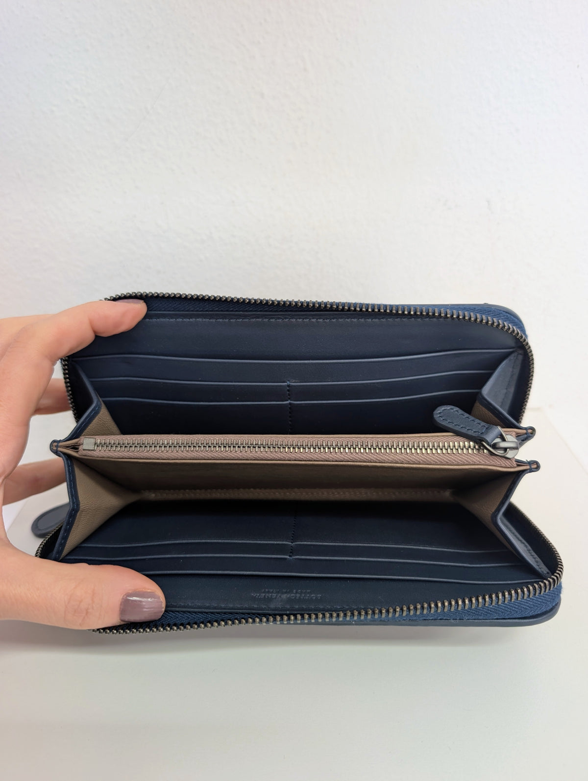 Bottega Veneta Nappa Intrecciato Zip Around Wallet Pacific Navy