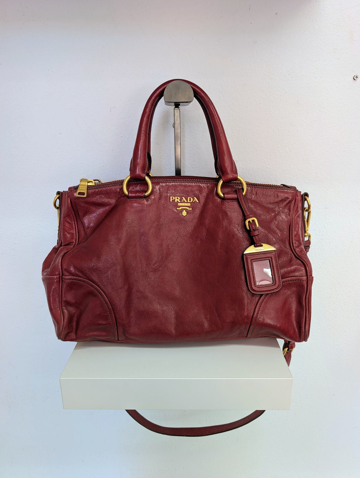 Prada Red Vitello Shine Bauletto Satchel Bag