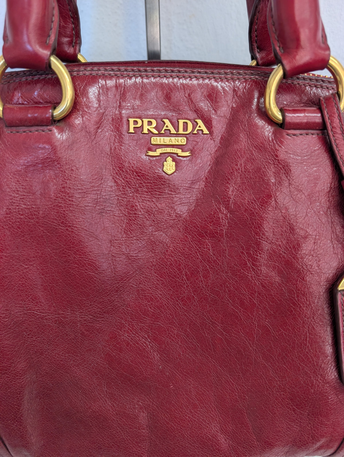 Prada Red Vitello Shine Bauletto Satchel Bag