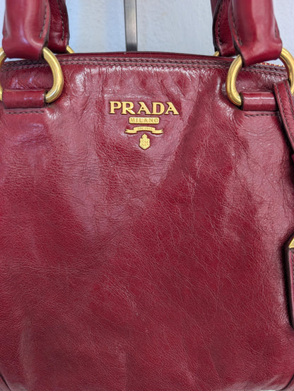 Prada Red Vitello Shine Bauletto Satchel Bag