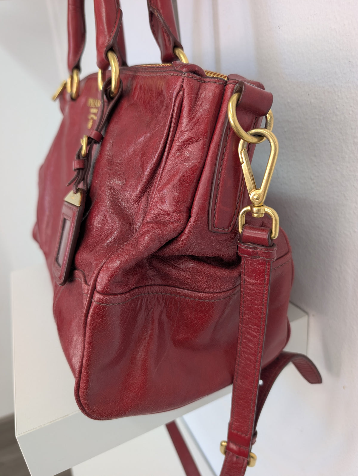 Prada Red Vitello Shine Bauletto Satchel Bag