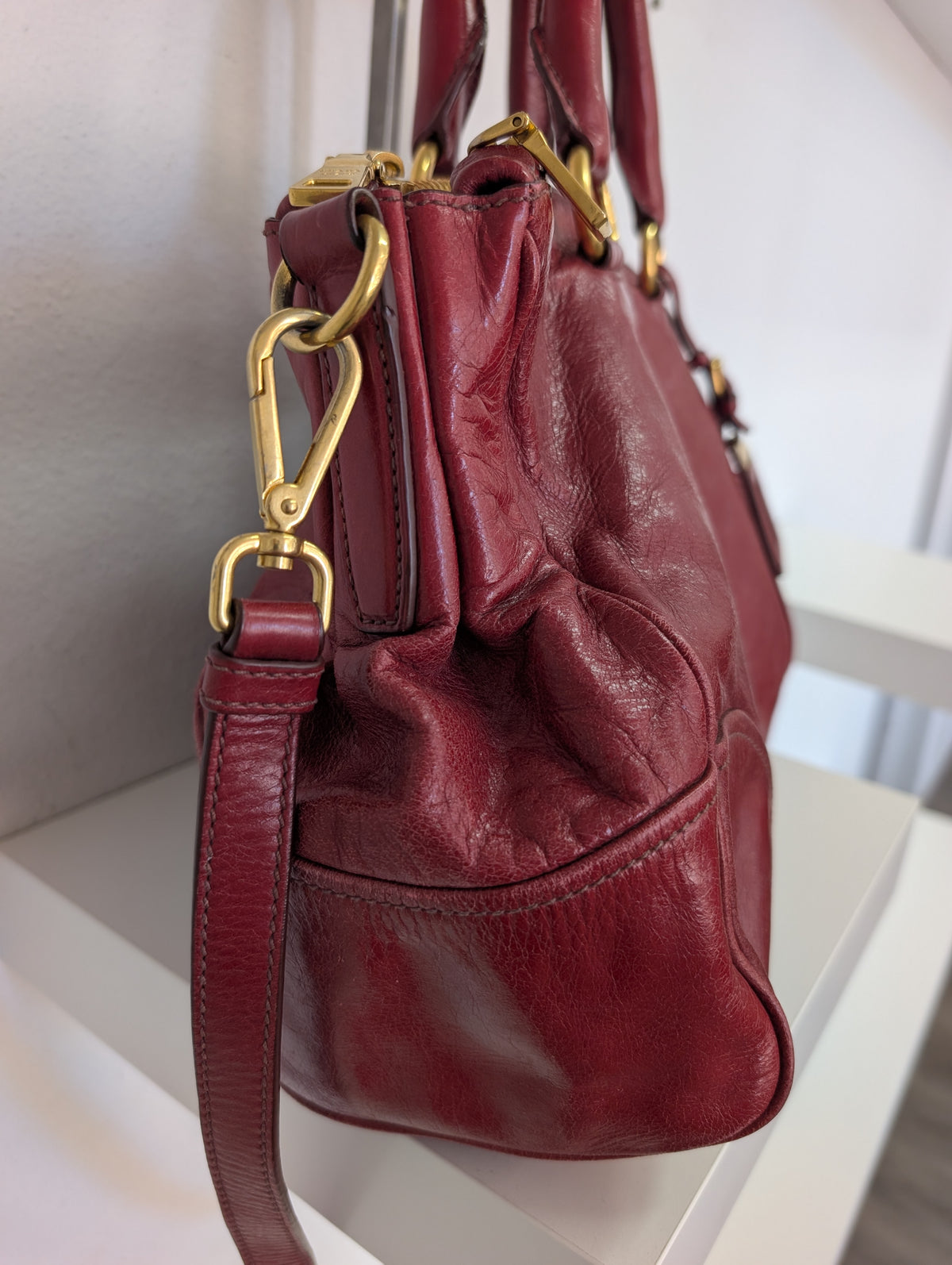 Prada Red Vitello Shine Bauletto Satchel Bag