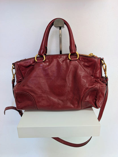 Prada Red Vitello Shine Bauletto Satchel Bag