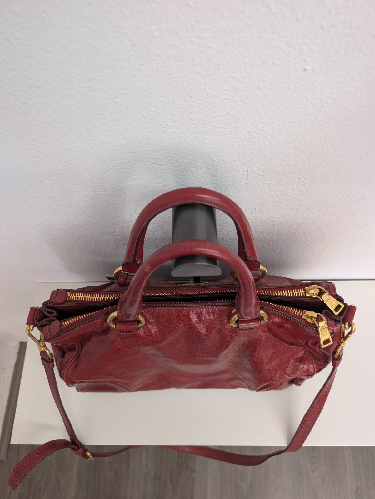 Prada Red Vitello Shine Bauletto Satchel Bag