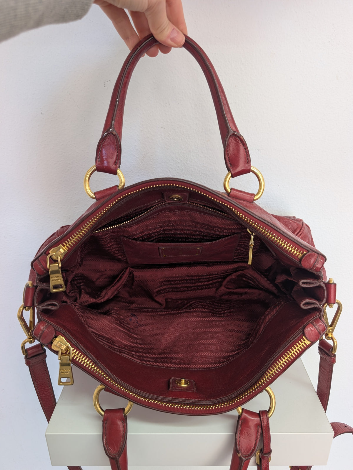 Prada Red Vitello Shine Bauletto Satchel Bag